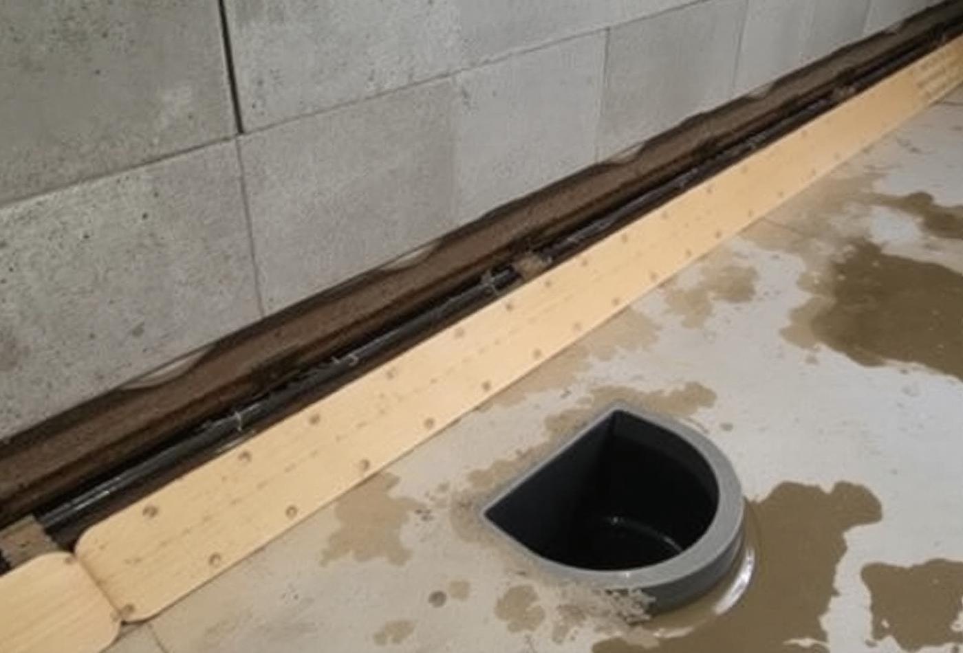 Interior basement drainage channel along a concrete block wall with a sump basin set in the floor