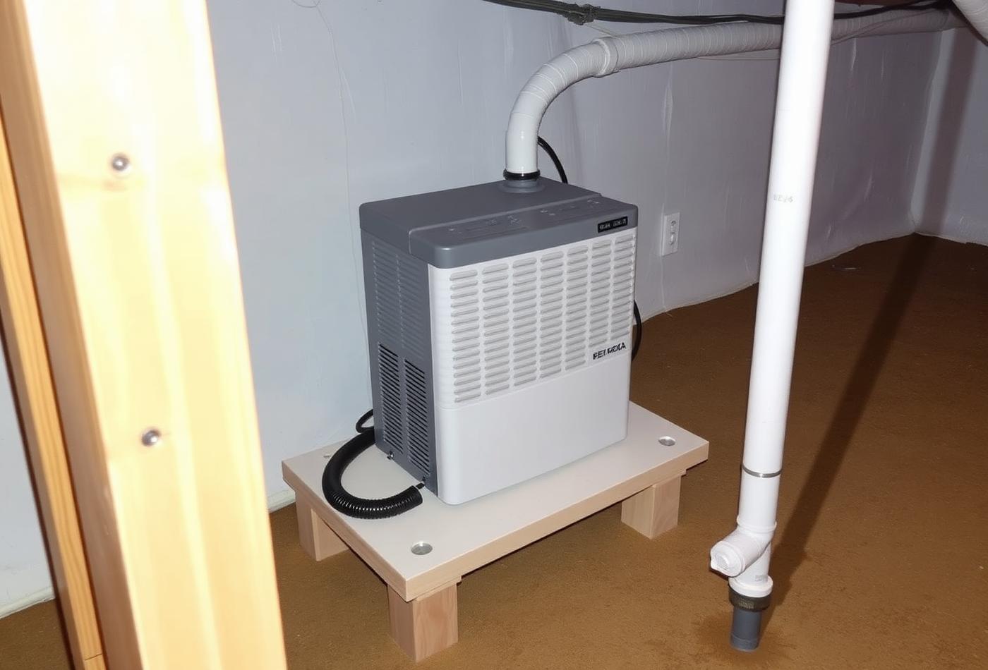Crawl space dehumidifier mounted on a platform with a condensate drain line
