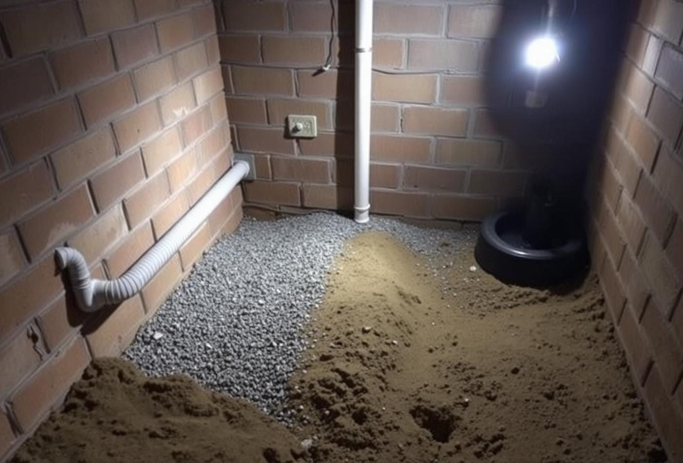 Drain pipe and gravel installed at the base of a crawl space foundation wall
