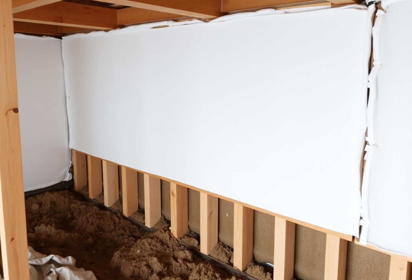 Rigid insulation board installed against crawl space foundation walls and rim joist
