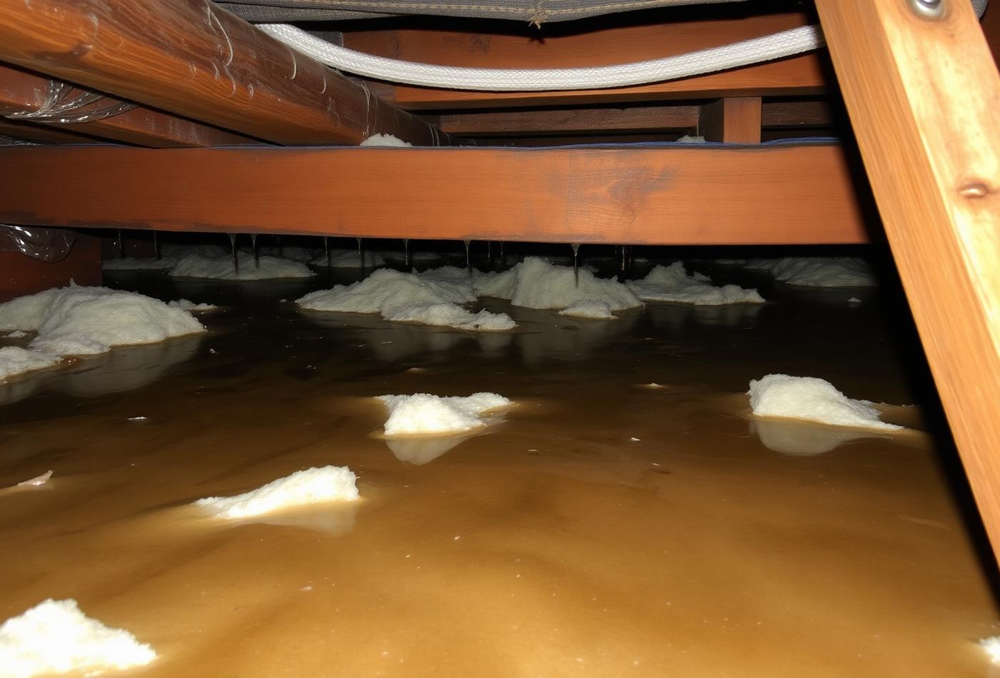 Condensation and moisture staining on crawl space joists above damp ground
