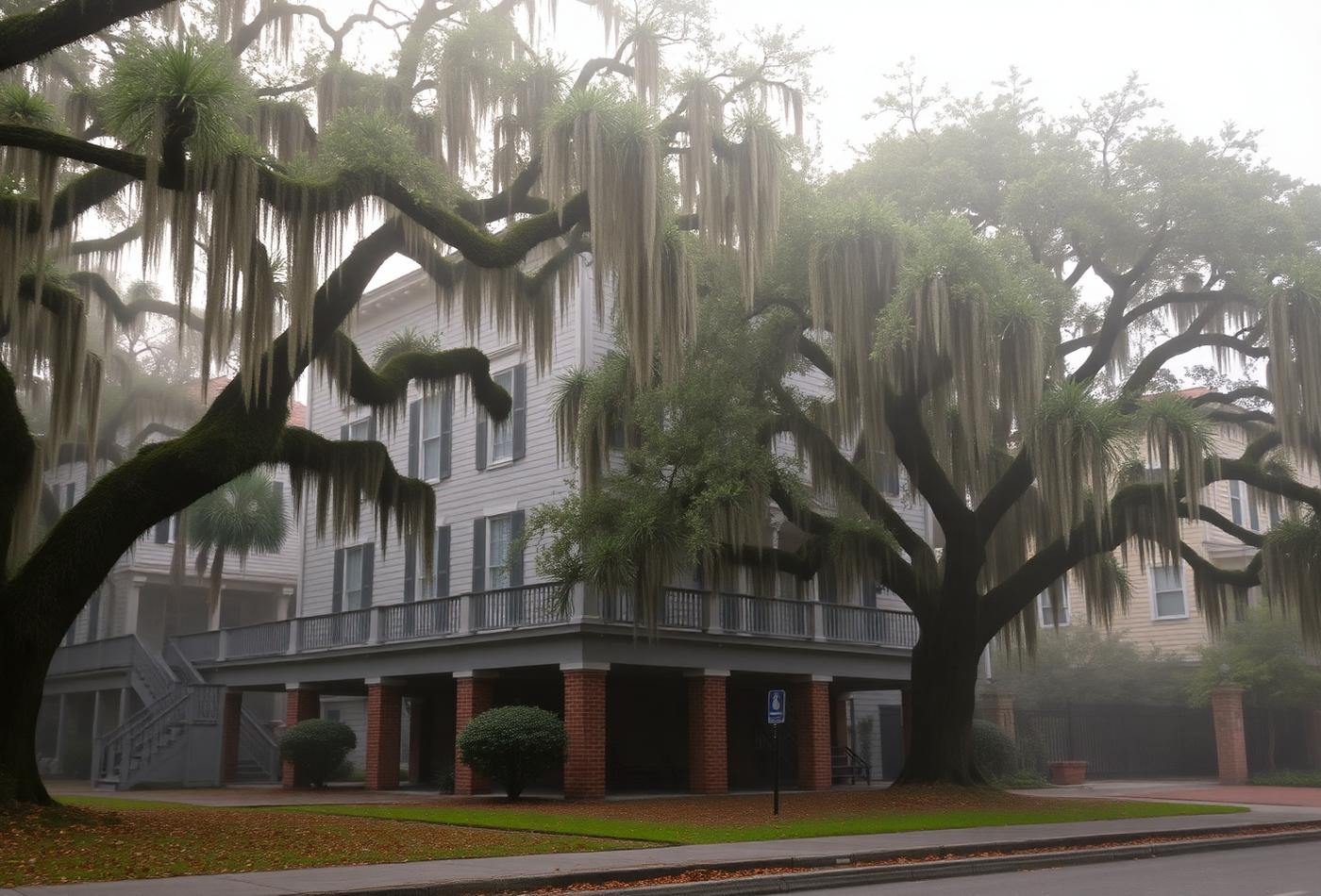 Historic Savannah home with raised foundation, porch and mature live oaks