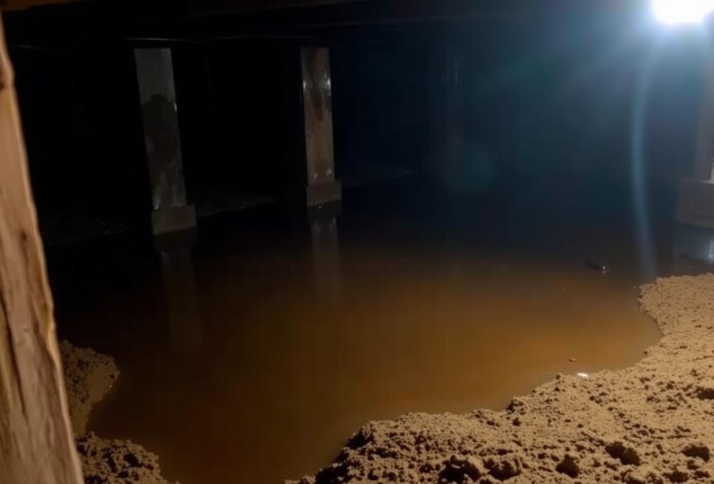 Water covering the soil floor of a crawl space beneath a house after heavy rain
