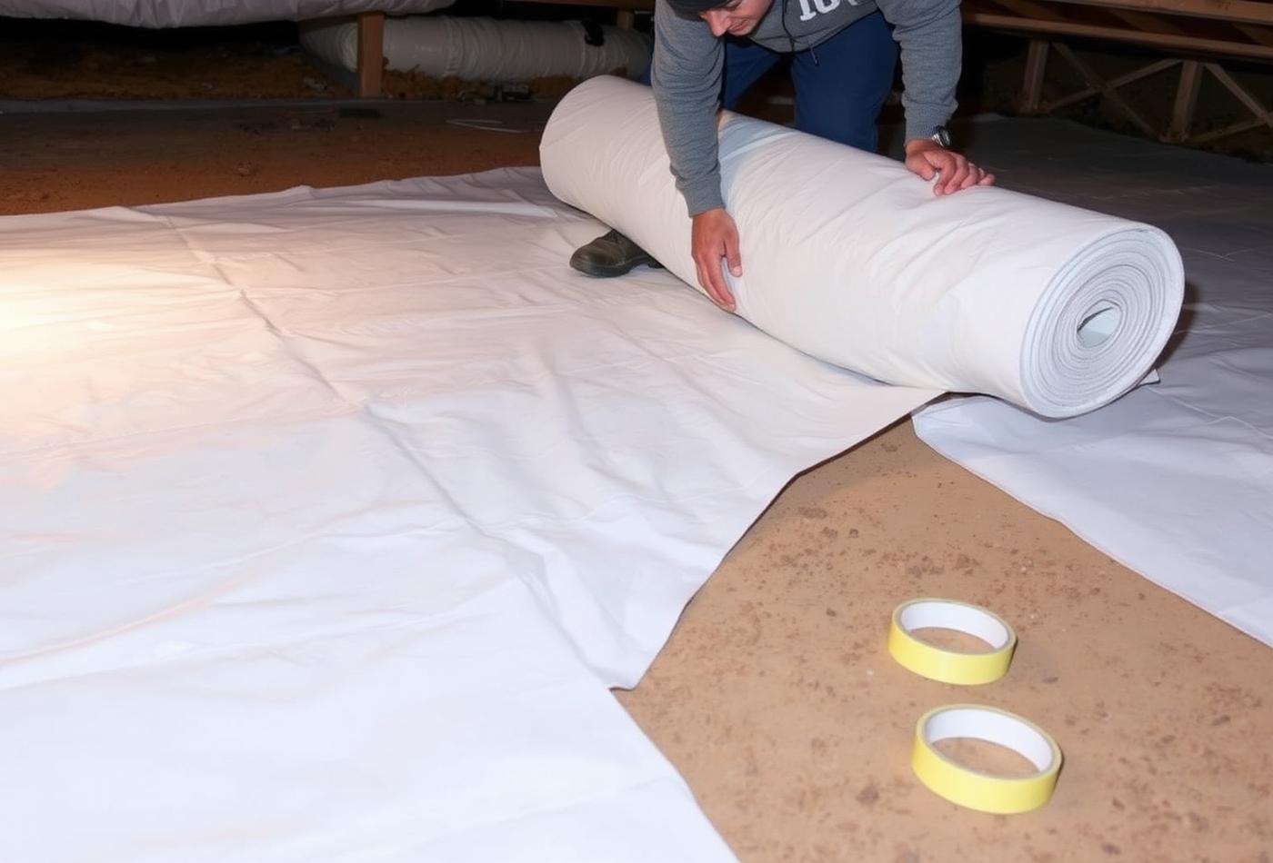 Worker rolling out heavy reinforced vapor barrier across a crawl space dirt floor